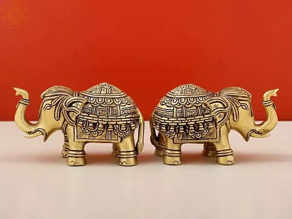 Exotic India 5" Small Engraved Pair Of Elephant Statue | Handmade