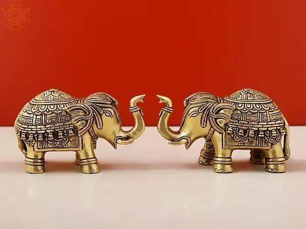 exotic india 5" Small Engraved Pair of Elephant Statue | Handmade