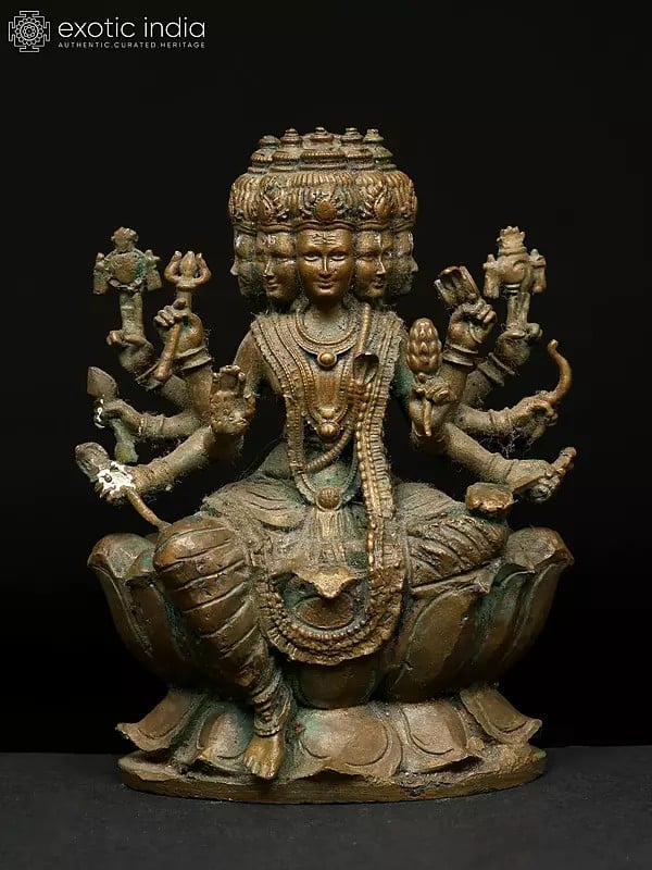 exotic india 5" Small Five Headed Lord Vishwakarma | Madhuchista Vidhana (Lost-Wax) | Panchaloha Bronze from Swamimalai 