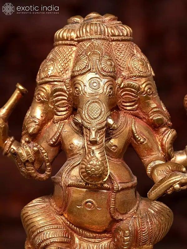 Exotic India 5" Small Four Headed Sitting Lord Ganesha | Bronze Statue 
