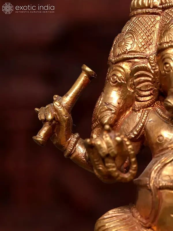 Exotic India 5" Small Four Headed Sitting Lord Ganesha | Bronze Statue 