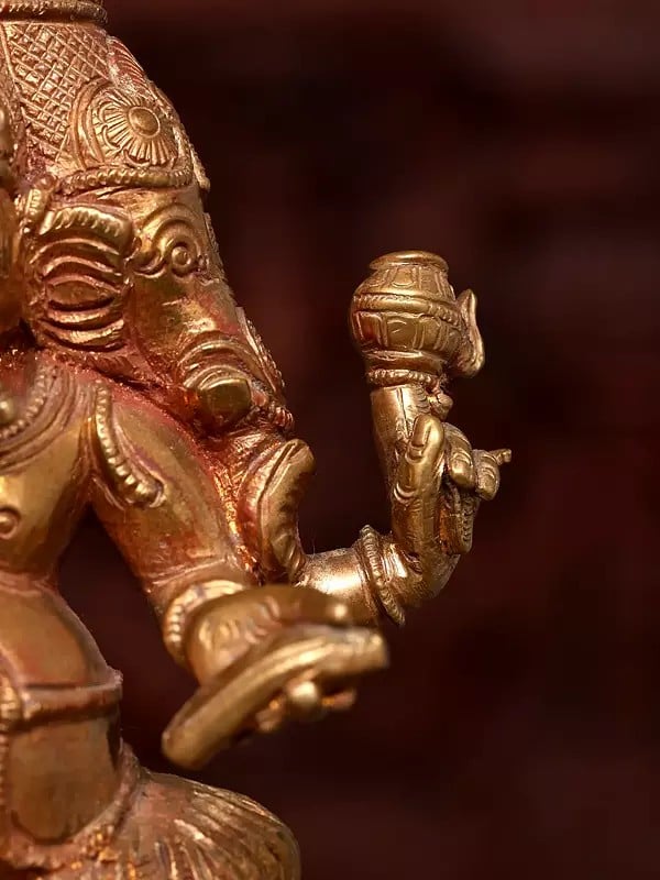 Exotic India 5" Small Four Headed Sitting Lord Ganesha | Bronze Statue 
