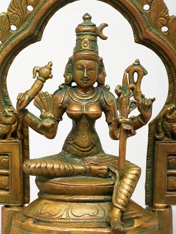 Exotic India 5" Small Goddess Rajarajeshvari Seated On Kirtimukha Throne | Madhuchista Vidhana (Lost-Wax) | Panchaloha Bronze From Swamimalai 