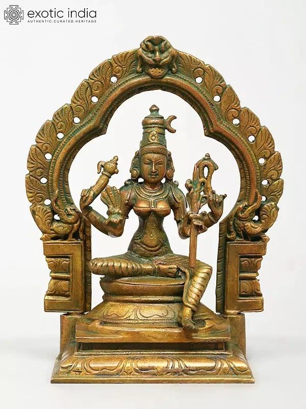 exotic india 5" Small Goddess Rajarajeshvari Seated on Kirtimukha Throne | Madhuchista Vidhana (Lost-Wax) | Panchaloha Bronze from Swamimalai 