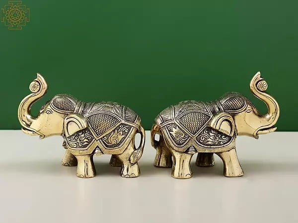 Exotic India 5" Small Handmade Brass Elephant Figurine Pairs