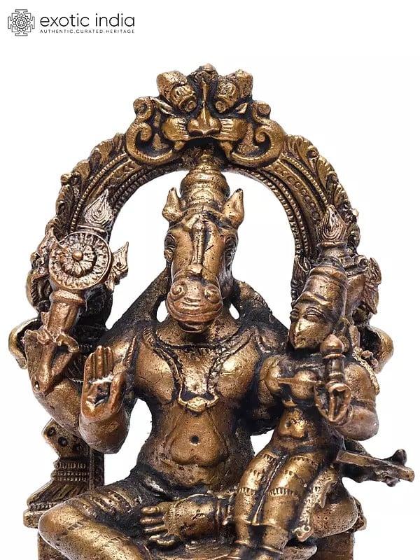 Exotic India 5" Small Hayagriva Avatara Of Lord Vishnu With Devi Lakshmi | Copper Statue 