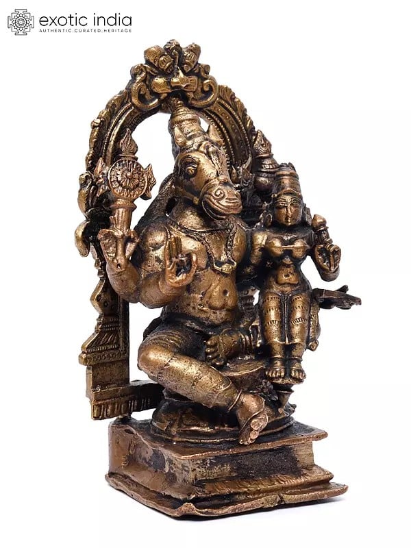 Exotic India 5" Small Hayagriva Avatara Of Lord Vishnu With Devi Lakshmi | Copper Statue 