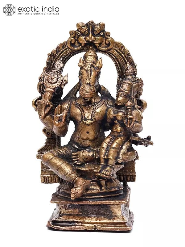 exotic india 5" Small Hayagriva Avatara of Lord Vishnu with Devi Lakshmi | Copper Statue 