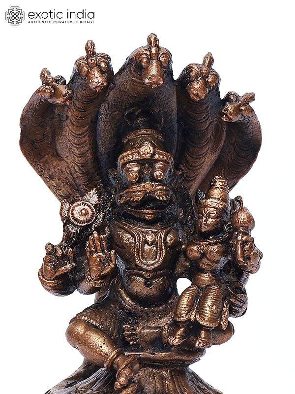 Exotic India 5" Small Lord Narasimha Seated On Serpent Throne With Devi Lakshmi | Copper Statue 