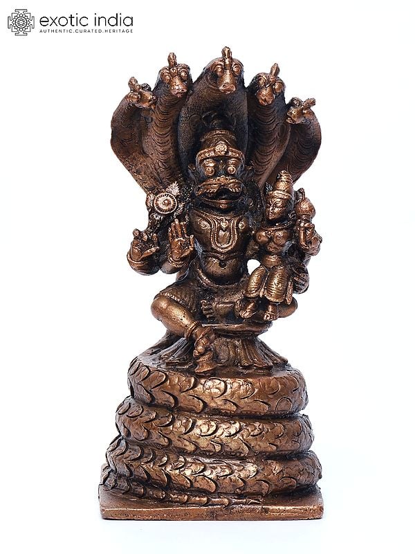 exotic india 5" Small Lord Narasimha Seated on Serpent Throne with Devi Lakshmi | Copper Statue 