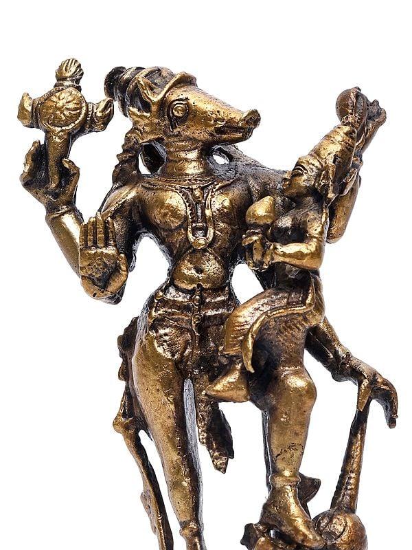 Exotic India 5" Small Lord Varaha With Devi Lakshmi | Copper Statue 