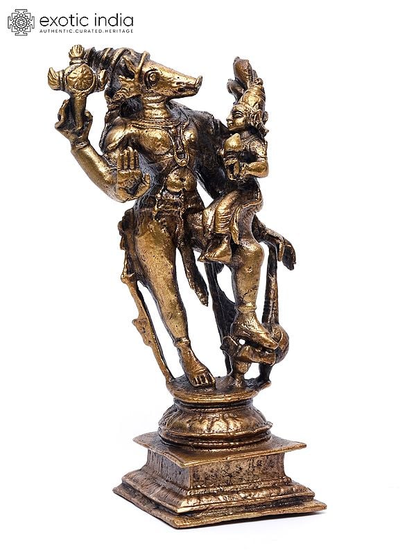 Exotic India 5" Small Lord Varaha With Devi Lakshmi | Copper Statue 