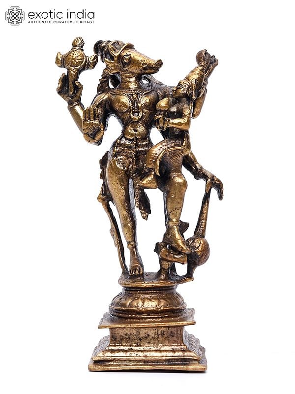 exotic india 5" Small Lord Varaha with Devi Lakshmi | Copper Statue 