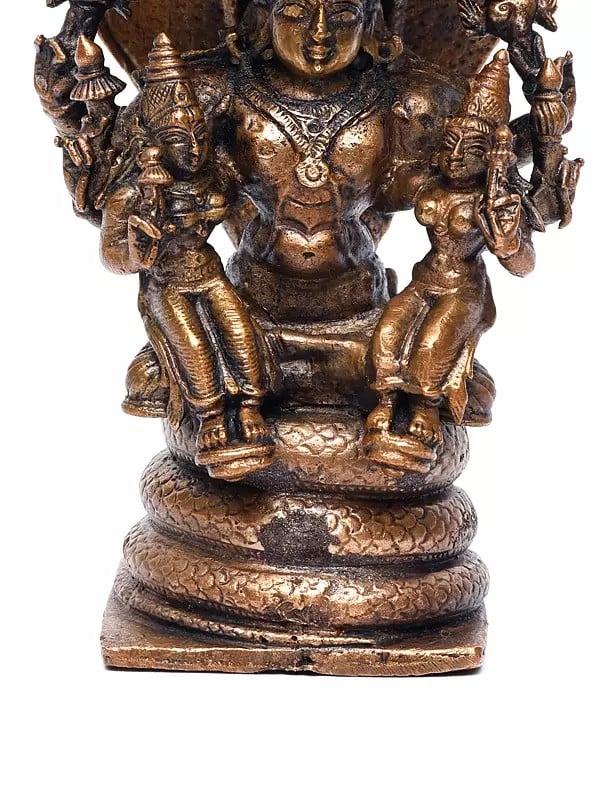 Exotic India 5" Small Lord Vishnu Seated On Serpent With Sridevi And Bhudevi | Copper Statue 
