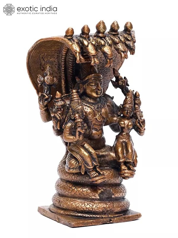 Exotic India 5" Small Lord Vishnu Seated On Serpent With Sridevi And Bhudevi | Copper Statue 