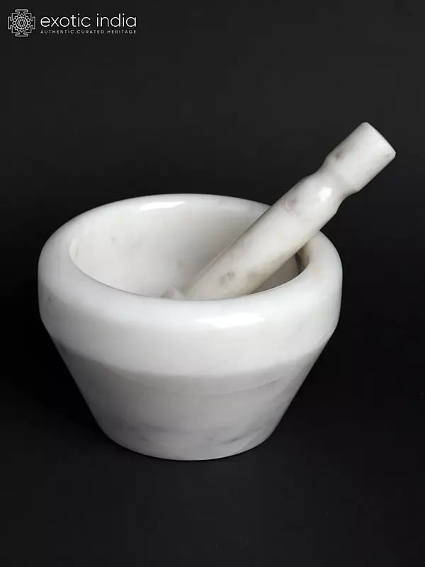 Exotic India 5" Small Marble Masala Pot Mortar And Pestle 