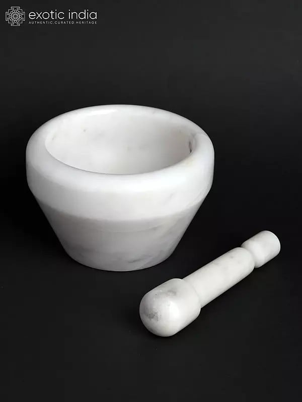Exotic India 5" Small Marble Masala Pot Mortar And Pestle 