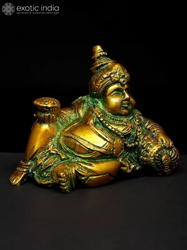 Exotic India 5" Small Relaxing Lord Kubera | Brass Statue 