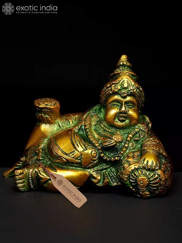 exotic india 5" Small Relaxing Lord Kubera | Brass Statue 