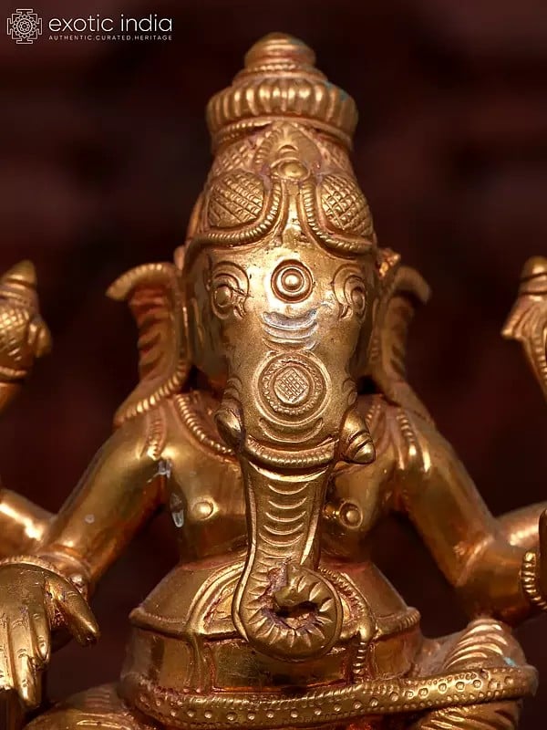 Exotic India 5" Small Sitting Chaturbhuja Lord Ganesha | Bronze Statue 