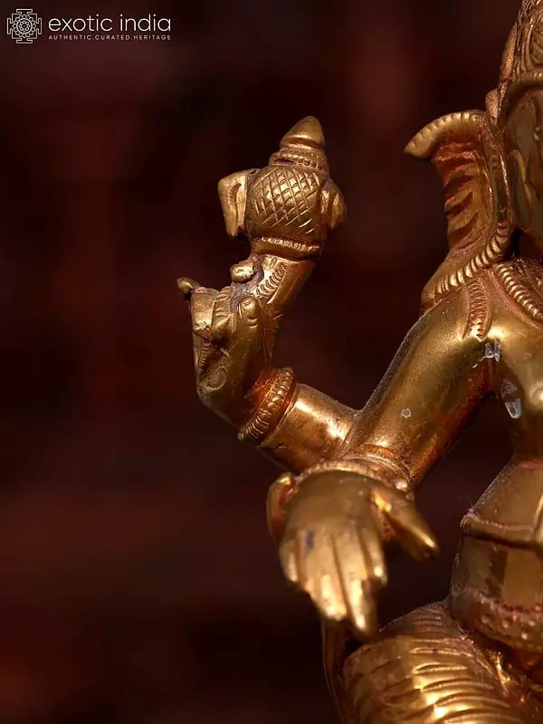 Exotic India 5" Small Sitting Chaturbhuja Lord Ganesha | Bronze Statue 