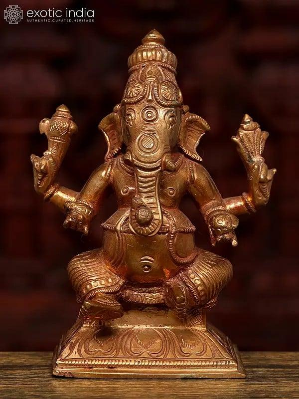 exotic india 5" Small Sitting Four Armed Lord Ganesha | Bronze Statue 