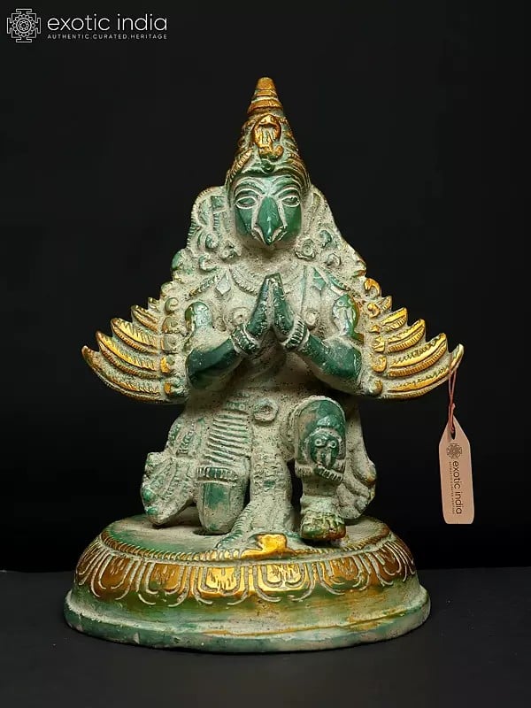 exotic india 5" Small Sitting Garuda in Namaskar Mudra | Brass Statue 