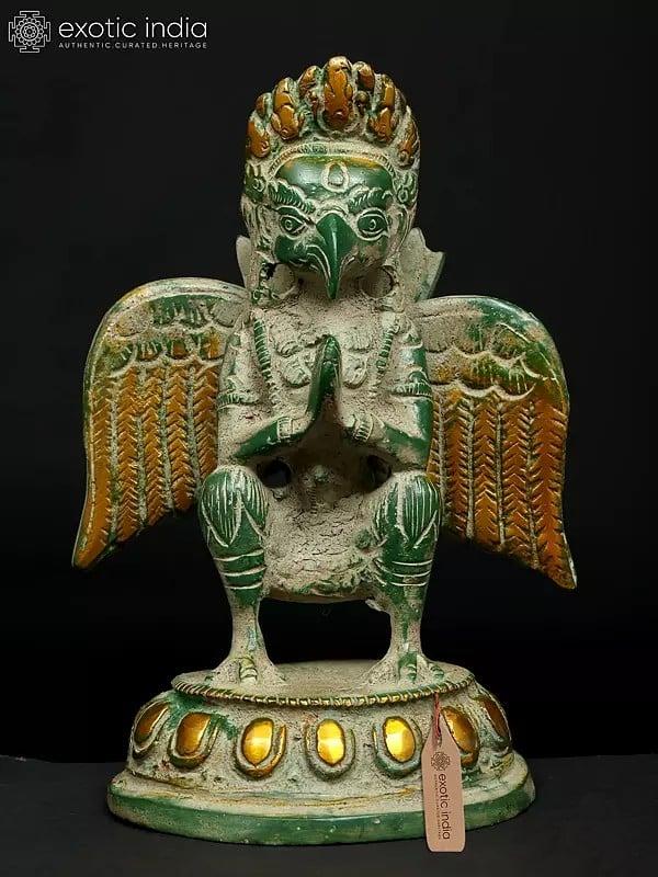 exotic india 5" Small Sitting Garuda in Namaskar Mudra | Brass Statue 