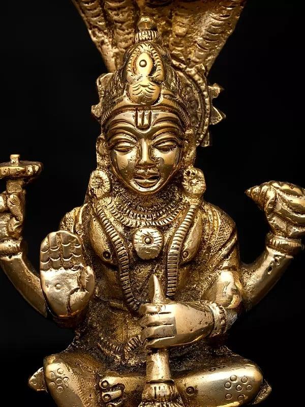 Exotic India 5" Small Sitting Lord Vishnu With Protected Sheshnag | Brass Statue 