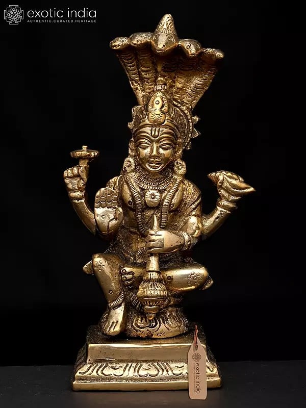 exotic india 5" Small Sitting Lord Vishnu with Protected Sheshnag | Brass Statue 