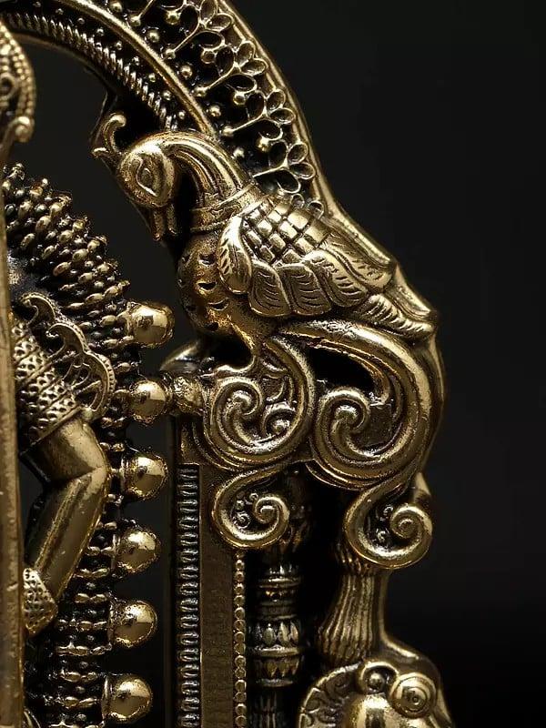 Exotic India 5" Small Superfine Standing Lord Murugan (Karttikeya) With Beautiful Kirtimukha Prabhavali | Brass Statue 
