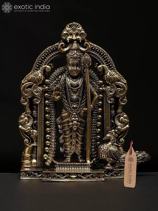exotic india 5" Small Superfine Standing Lord Murugan (Karttikeya) with Beautiful Kirtimukha Prabhavali | Brass Statue 