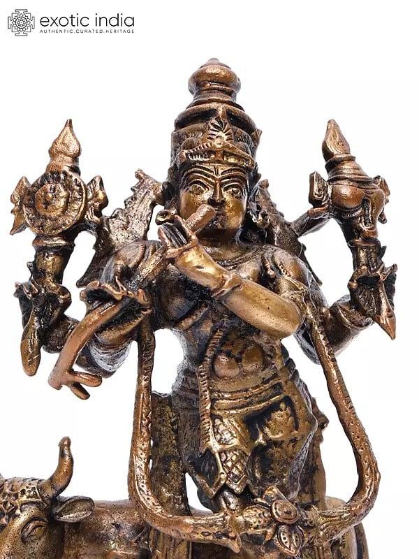 Exotic India 5" Small Venugopal Krishna With Cow | Copper Statue 