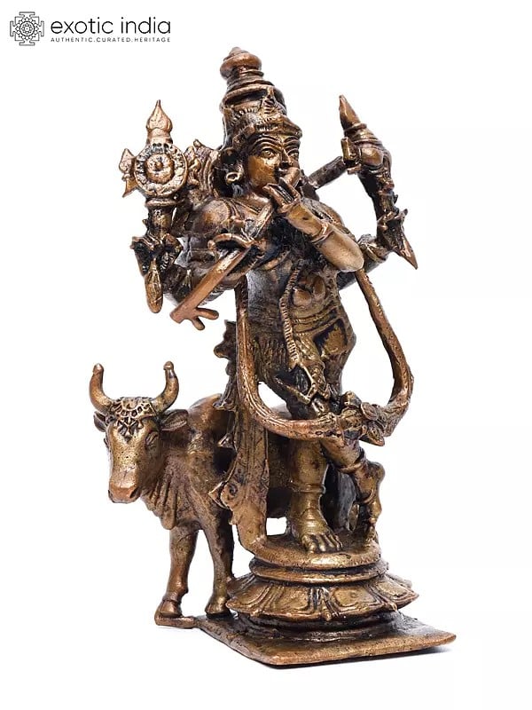 Exotic India 5" Small Venugopal Krishna With Cow | Copper Statue 