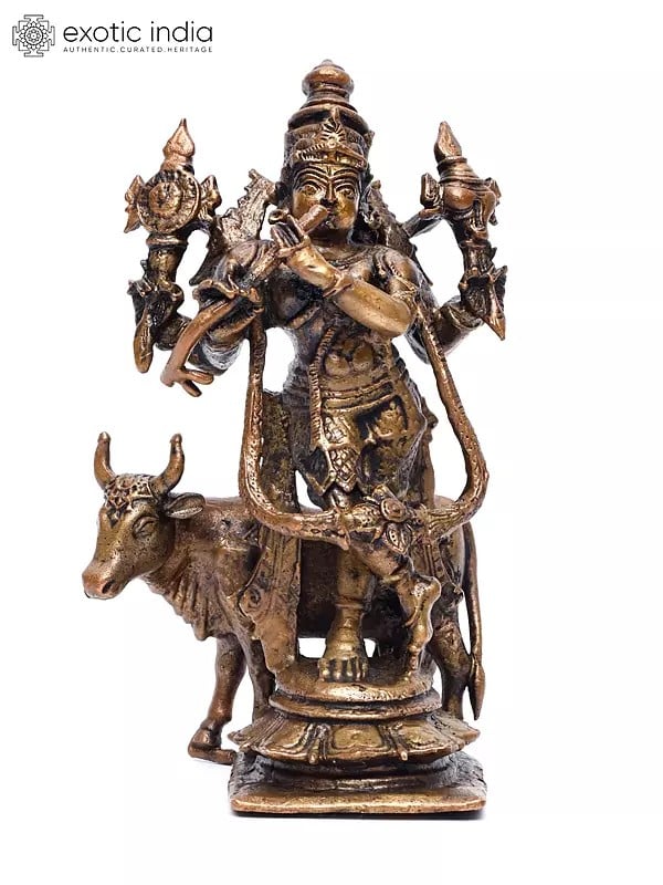 exotic india 5" Small Venugopal Krishna with Cow | Copper Statue 