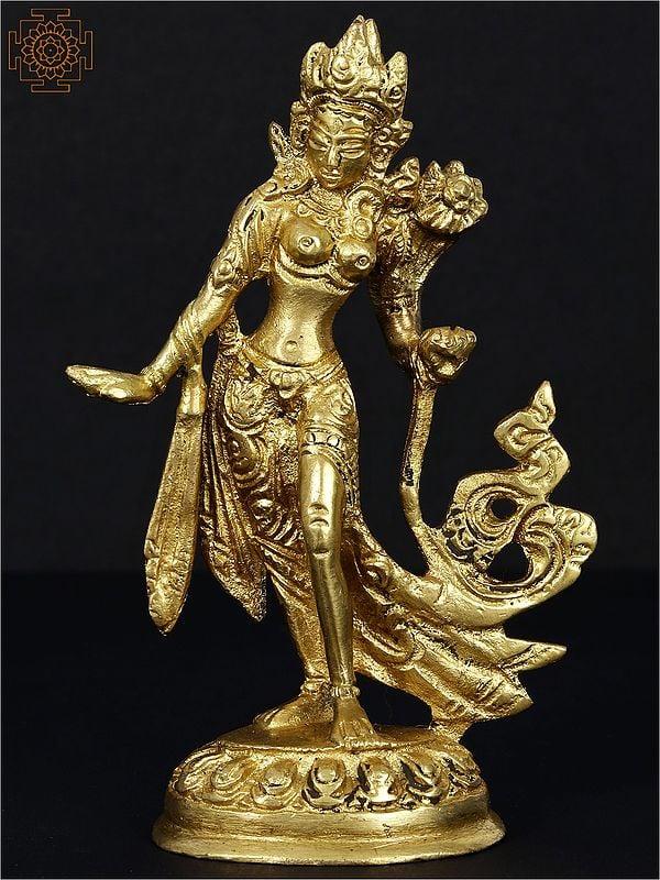 Exotic India 5" Standing Goddess White Tara Brass Figurine | Handmade Buddhist Sculpture 