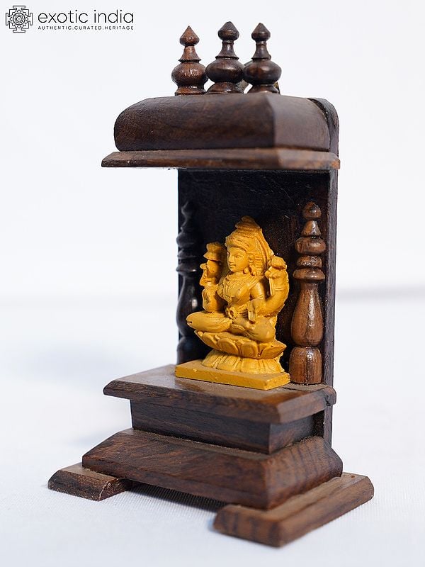 Exotic India 5" Wood Temple Of Goddess Lakshmi | Handmade Rosewood Home Decor Item 
