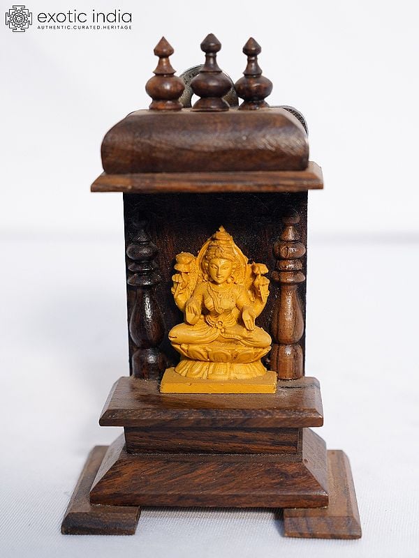 exotic india 5" Wood Temple Of Goddess Lakshmi | Handmade Rosewood Home Decor Item 