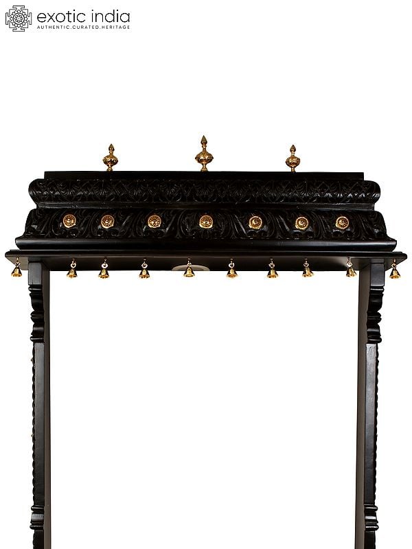 Exotic India 50" Designer Wooden Temple With Dangling Bells In Brass | With Inbuilt Light Bulb | Wall Mounted