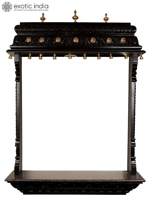 exotic india 50" Designer Wooden Temple with Dangling Bells in Brass | With Inbuilt Light Bulb | Wall Mounted 