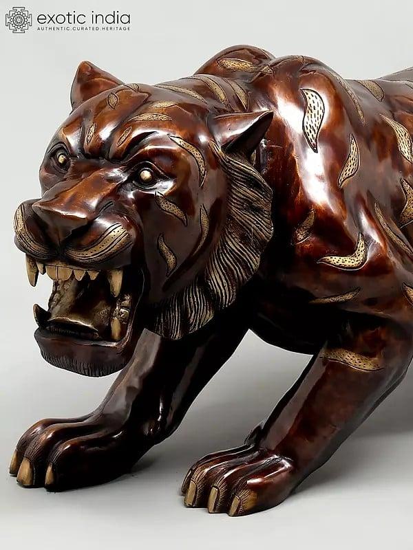 Exotic India 50" Large Size Roaring Tiger | Life-Like Decorative Sculpture | Home Decor