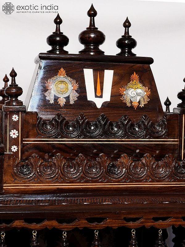 Exotic India 51" Wood Temple With Vaishnava Symbols Design On The Top | Handmade Rosewood Home Decor Item 