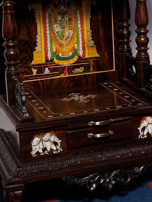 Exotic India 51" Wood Temple With Vaishnava Symbols Design On The Top | Handmade Rosewood Home Decor Item 