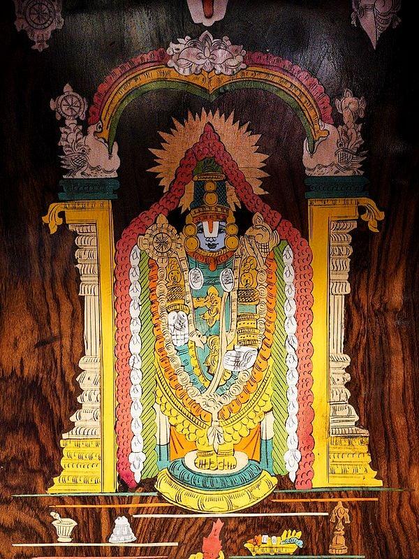 Exotic India 51" Wood Temple With Vaishnava Symbols Design On The Top | Handmade Rosewood Home Decor Item 