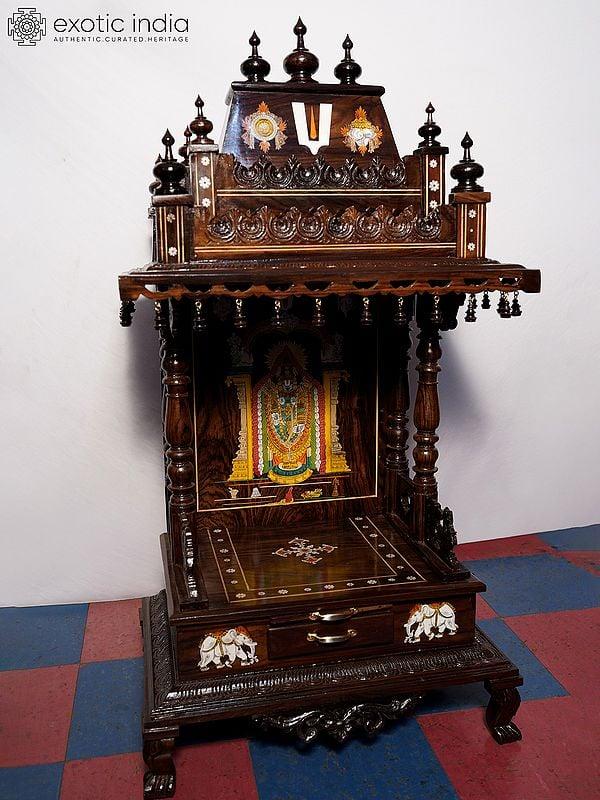 exotic india 51" Wood Temple With Vaishnava Symbols Design On The Top | Handmade Rosewood Home Decor Item 