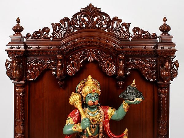 Exotic India 52" Large Wooden Designer Puja Temple With Double Drawer 