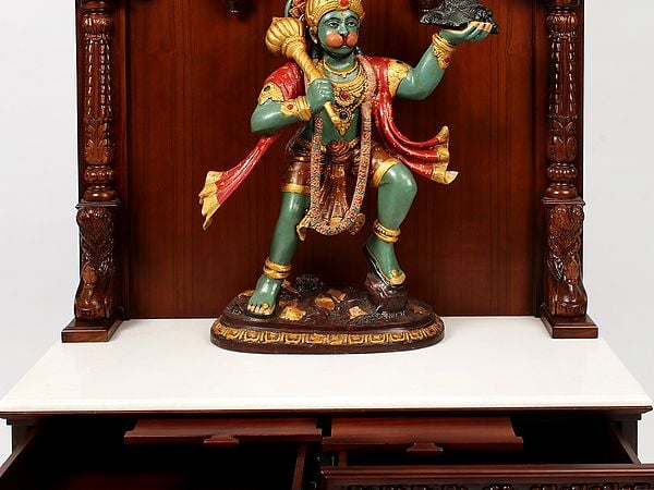 Exotic India 52" Large Wooden Designer Puja Temple With Double Drawer 