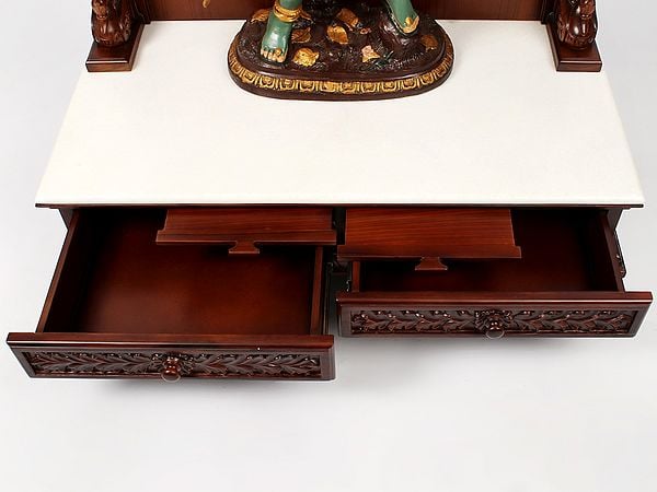 Exotic India 52" Large Wooden Designer Puja Temple With Double Drawer 