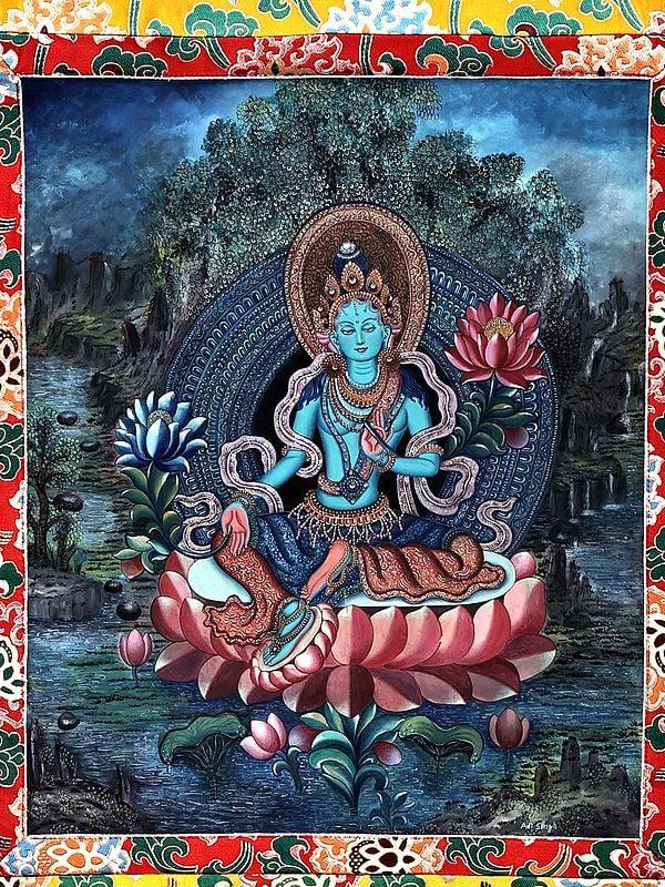 exotic india 52" x 36" Superfine Goddess Green Tara - Tibetan Buddhist | Handmade 