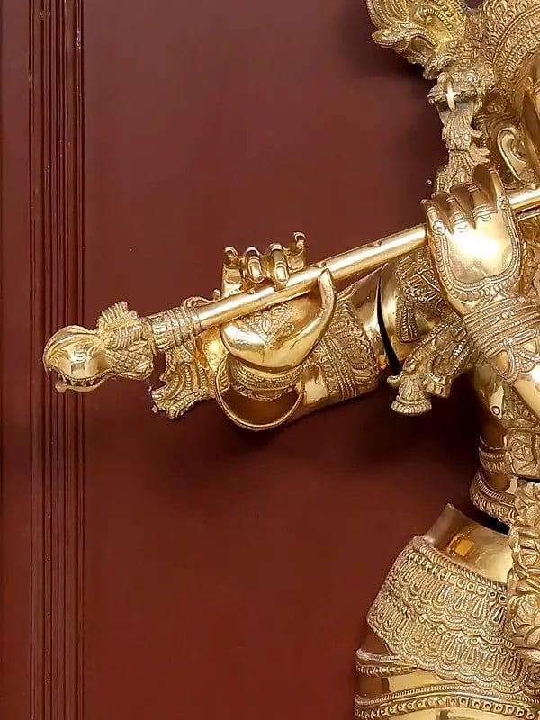 Exotic India 53" Large Fluting Lord Krishna | Wood Framed Brass Sculpture | Wall Hanging 